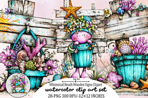 Whimsical Beach Wooden Signs Clipart, an Illustration by SVGArt