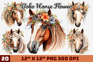 Boho Horse Flower Watercolor