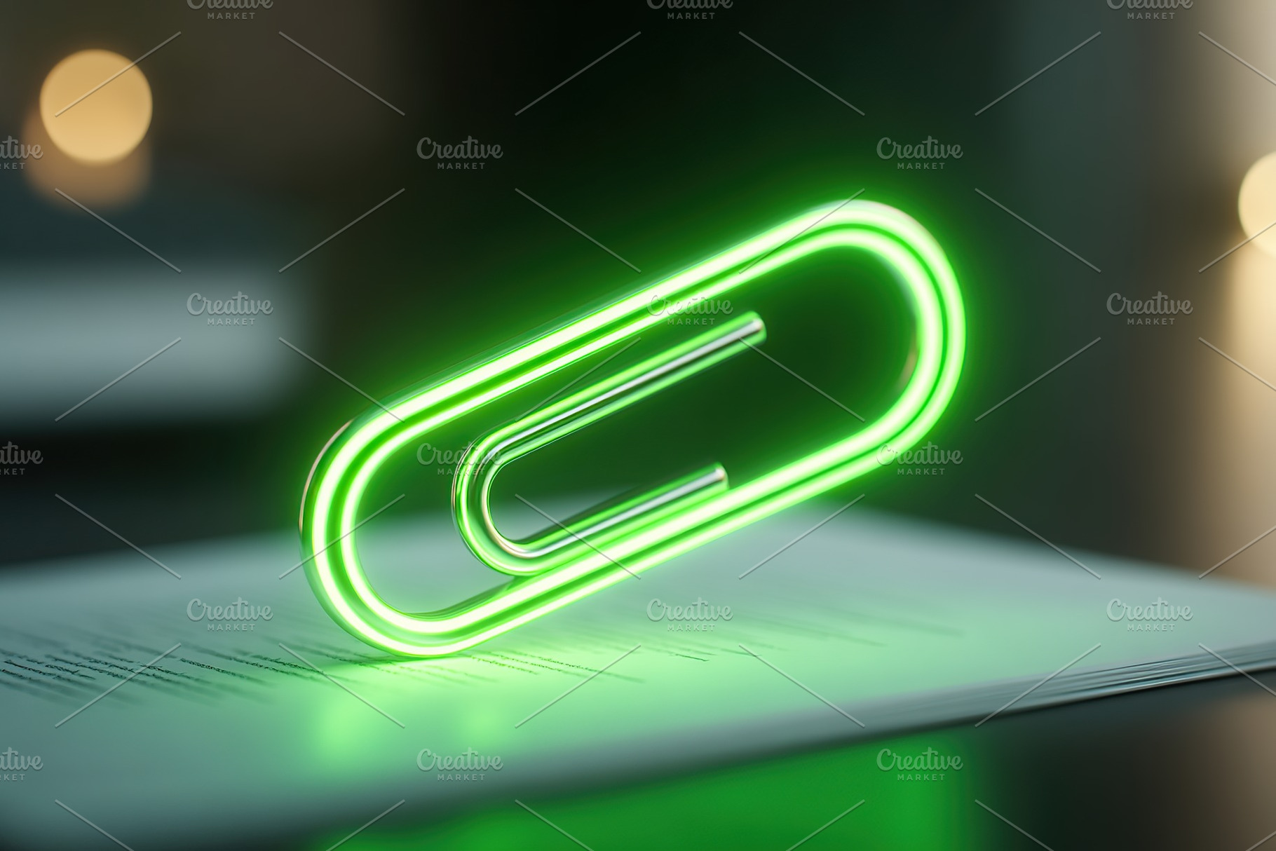 Levitating green paperclip over glowing surface in a softly lit environment, a Photo by AlyaAnd