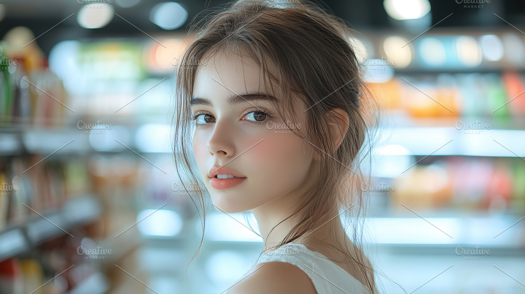 Portrait of young woman in supermarket, a Photo by AlyaAnd