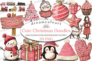 Cute Christmas Doodles Watercolor, an Illustration by DreamCafeArt