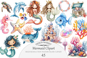 Watercolor Mermaid Clipart, an Illustration by Design Market