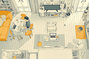 Modern apartment interior with people multitasking and doing activities, an Illustration by AS photostudio
