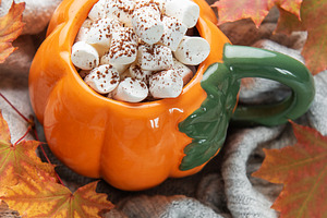 Pumpkin mug of hot chocolate with marshmallows and autumn leaves, a Food & Drink Photo by Olena Rudo
