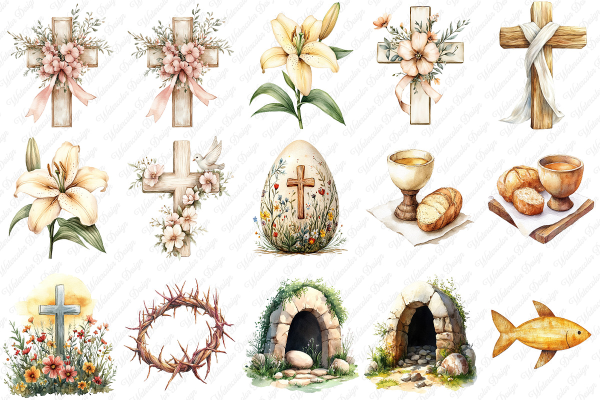 Beige Christian Easter Clipart, an Illustration by Watercolor design (Photo 2 of 13)