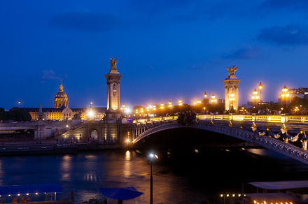 Pont Alexandre III Bridge and illuminated lamp posts at sunset w, an Architecture Photo by Bepslabor