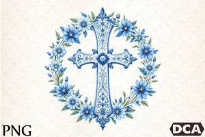 Blue Cross With Flowers Clipart, an Illustration by DreamCafeArt