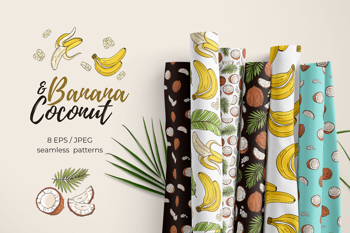 Banana & Coconut seamless patterns, a Pattern Graphic by Alenkakarabanova (Photo 1 of 8)