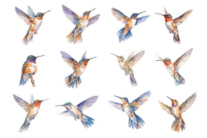 Watercolor hummingbird set. Flying, an Object Illustration by Stock-Smart-Start