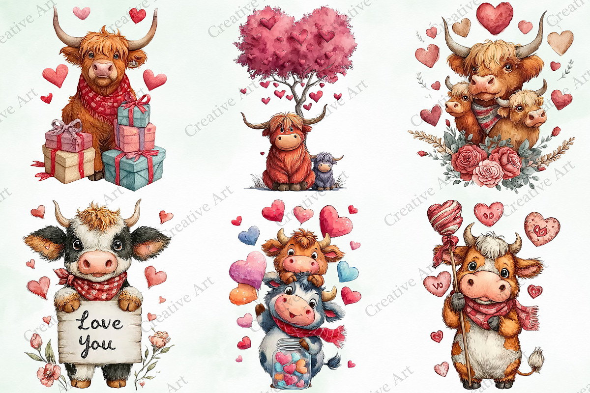 Valentine Highland Cow Clipart, an Illustration by Creative Art (Photo 7 of 9)