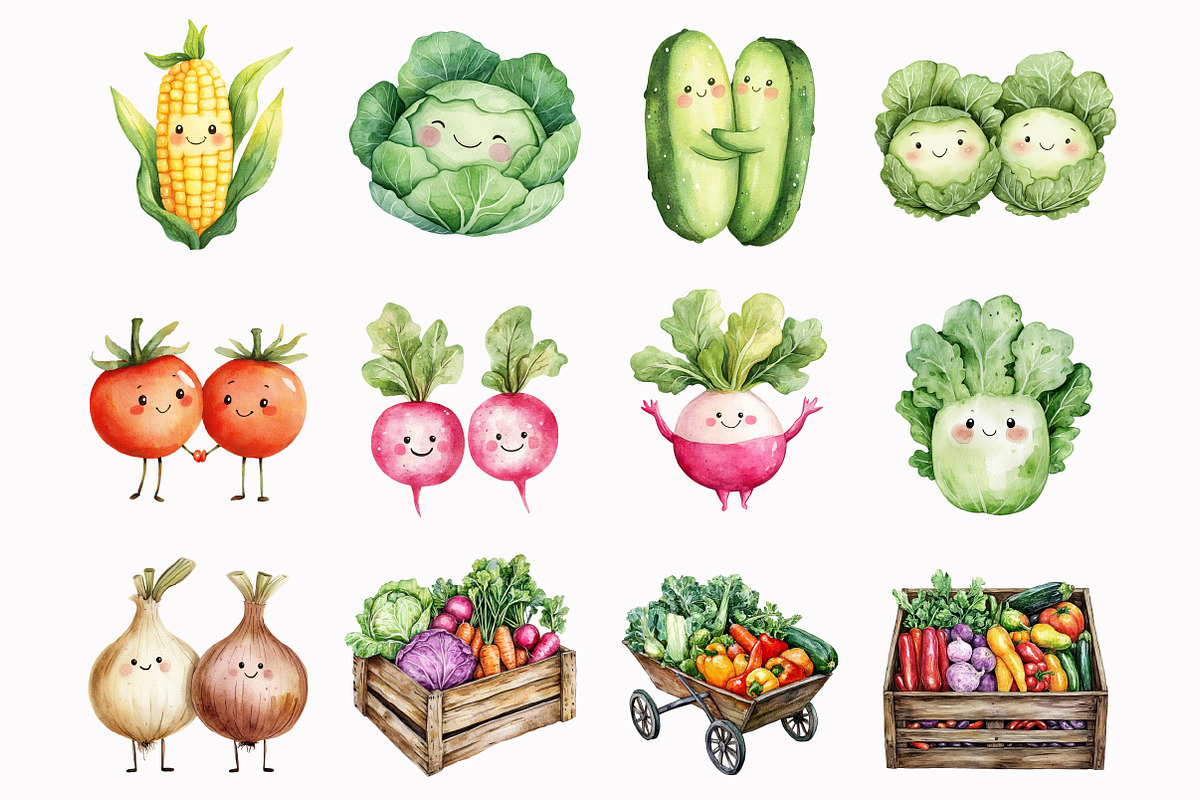 Watercolor Cute Veggies Clipart, an Illustration by Design Market (Photo 2 of 4)