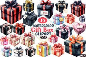 Watercolor Gift Box Graphic Black Fr, an Illustration by DreamCafeArt