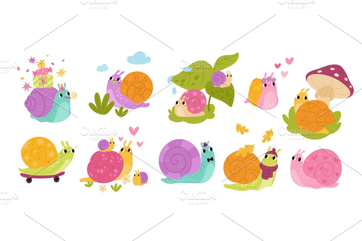Cute funny snails. Cartoon animal, an Animal Illustration by YummyBuum
