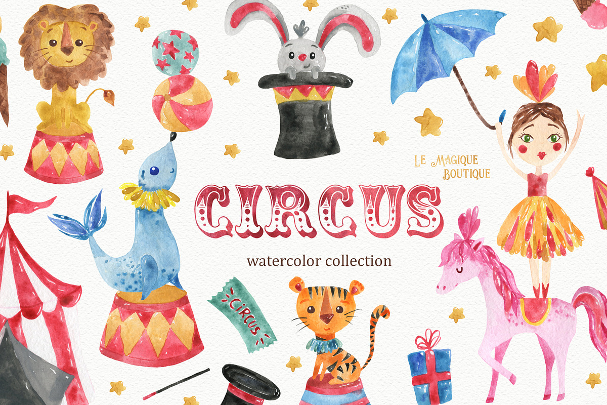 Circus Watercolor Clipart Set, an Animal Illustration by LeMagiqueBoutique (Photo 1 of 9)