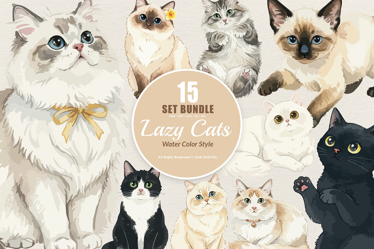 15 Bundle Watercolor Lazy Cats Kiten, an Animal Illustration by Morspective (Photo 1 of 8)
