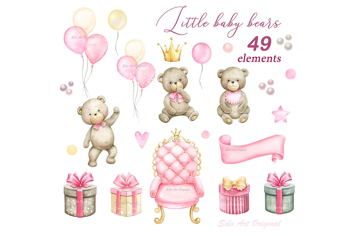 Little bear Baby girl shower Clipart, an Animal Illustration by Solo Art Original (Photo 2 of 7)