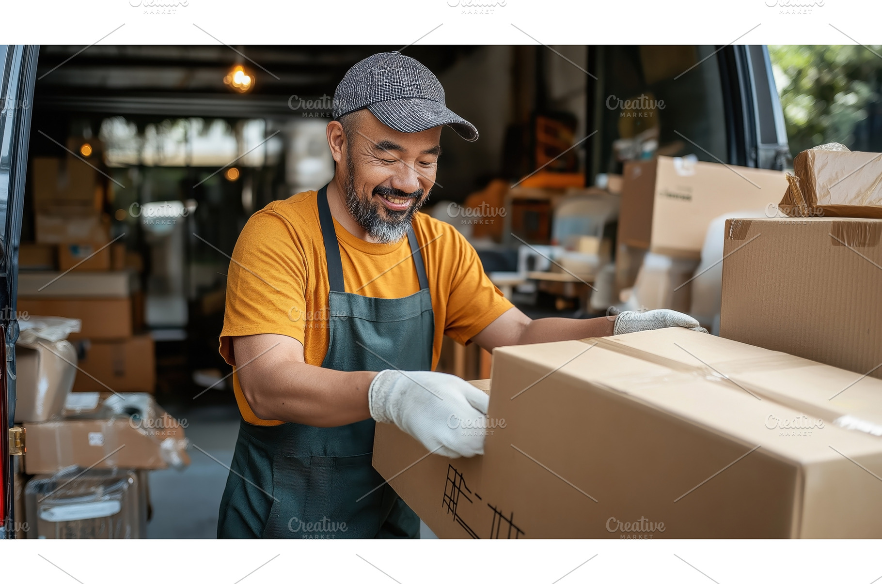 Asian delivery worker smiling while, a Person Photo by Sergey Kotenev