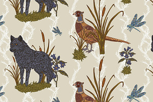 Wolf, Pheasant, Dragonfly, a Pattern Graphic by NayaChu