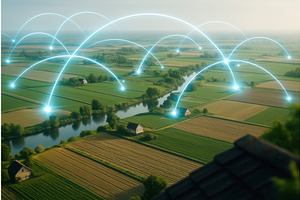 Aerial view of agricultural fields, a Technology Illustration by Sergey Kotenev