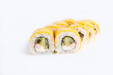 japanese sushi rolls in cheddar cheese on white background, a Food & Drink Photo by vimart