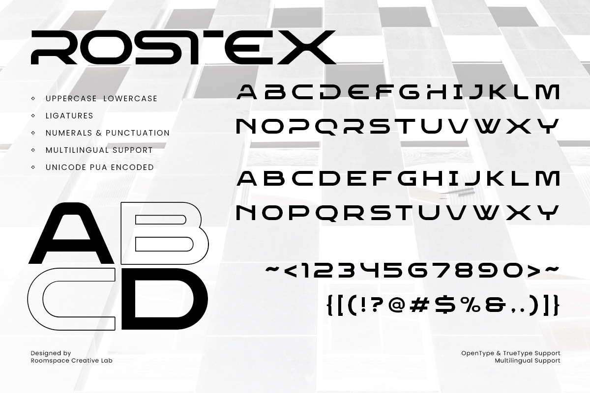 Rostex – Futuristic Techno Display, a Sans Serif Font by roomspace creative lab (Photo 7 of 10)