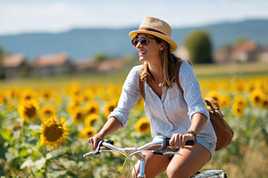 Weekend getaway cycling through sunlit sunflower fields in the countryside, a Person Photo by AlyaAnd