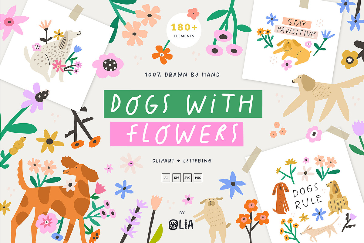 Dogs with flowers | 100% Hand drawn, an Animal Illustration by Olia (Photo 1 of 10)
