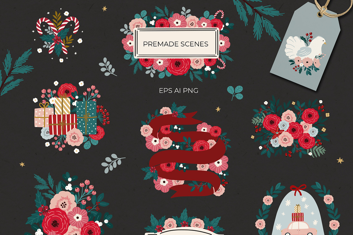 Floral Christmas clipart & pattern, an Animal Illustration by Cozy pattern shop (Photo 4 of 14)