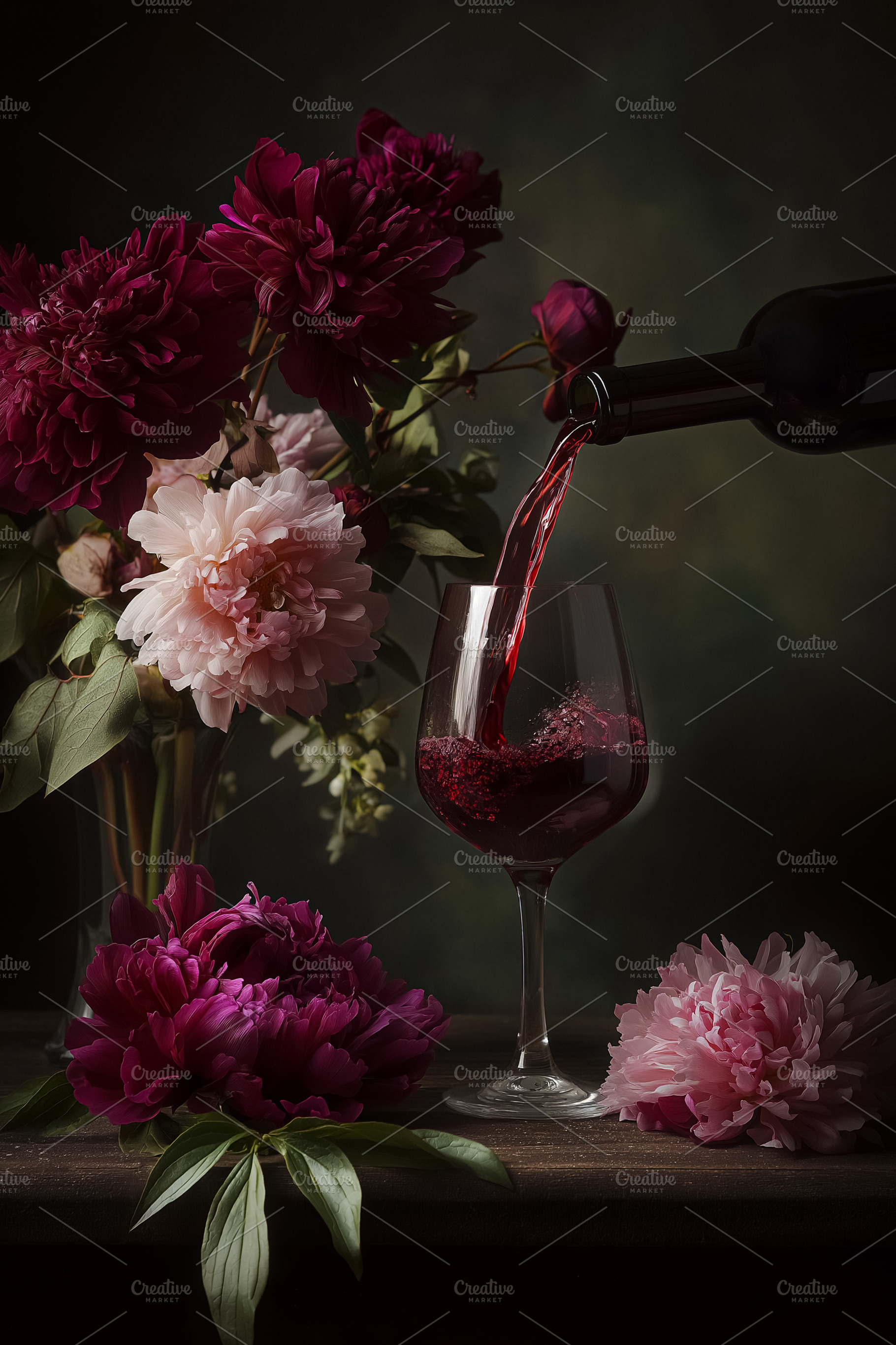 Red wine pouring into a glass, creating a romantic still life with vibrant peon, a Food & Drink Photo by Studio ANNA