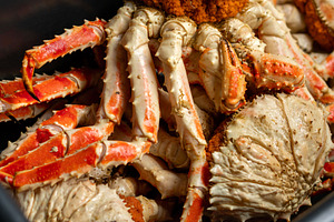 Close-up of red and white king crab, a Food & Drink Photo by Elena Vagengeim
