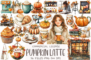 Watercolor Pumpkin Latte Clipart, an Illustration by OK Design