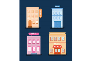 four hotels buildings facades, an Object Illustration by studiogstock