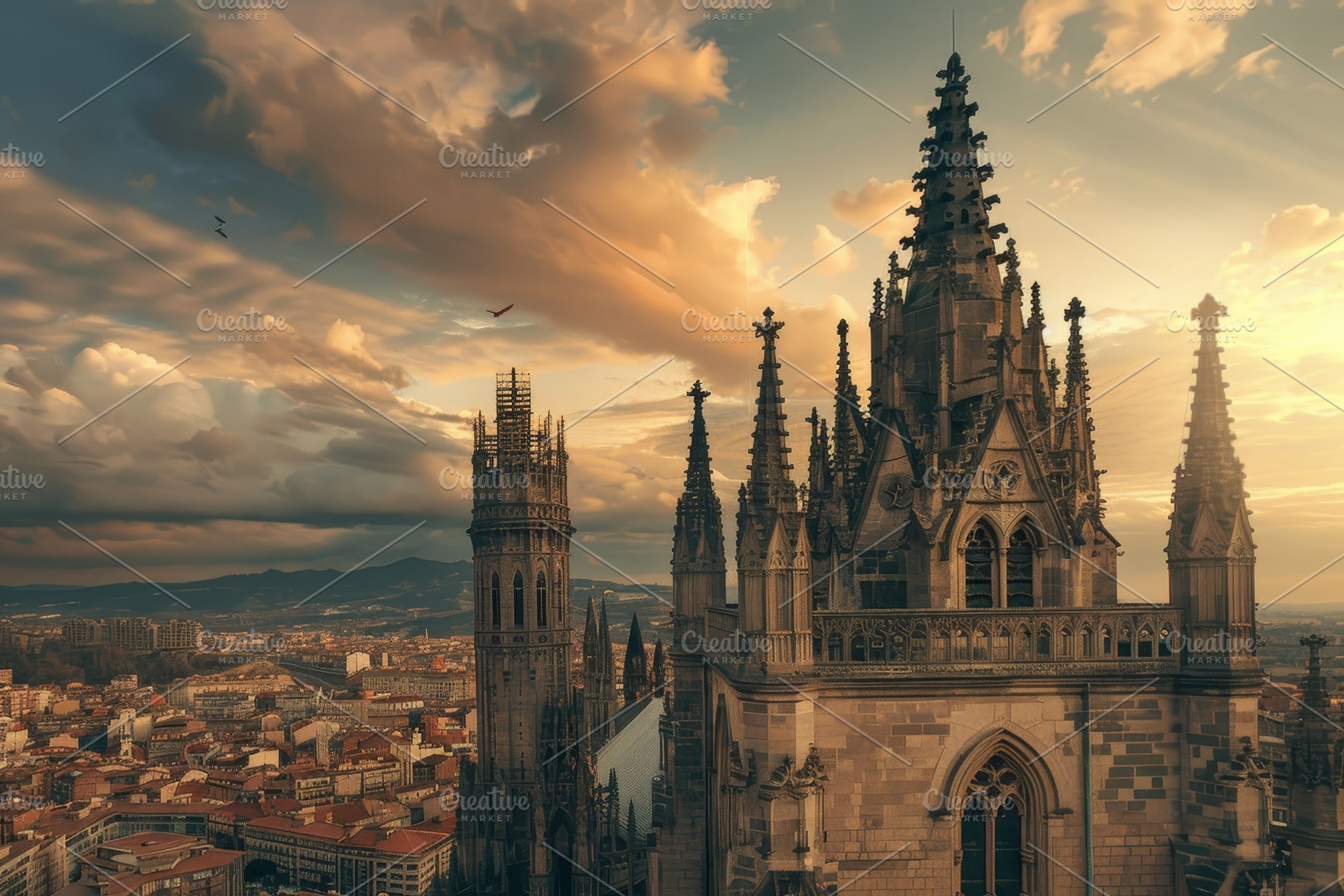 Urban scene showing a cathedral towe, a Photo by Iftikhar Alam