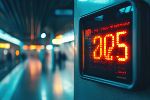 Digital clock displays departure tim, a Photo by Tanuart