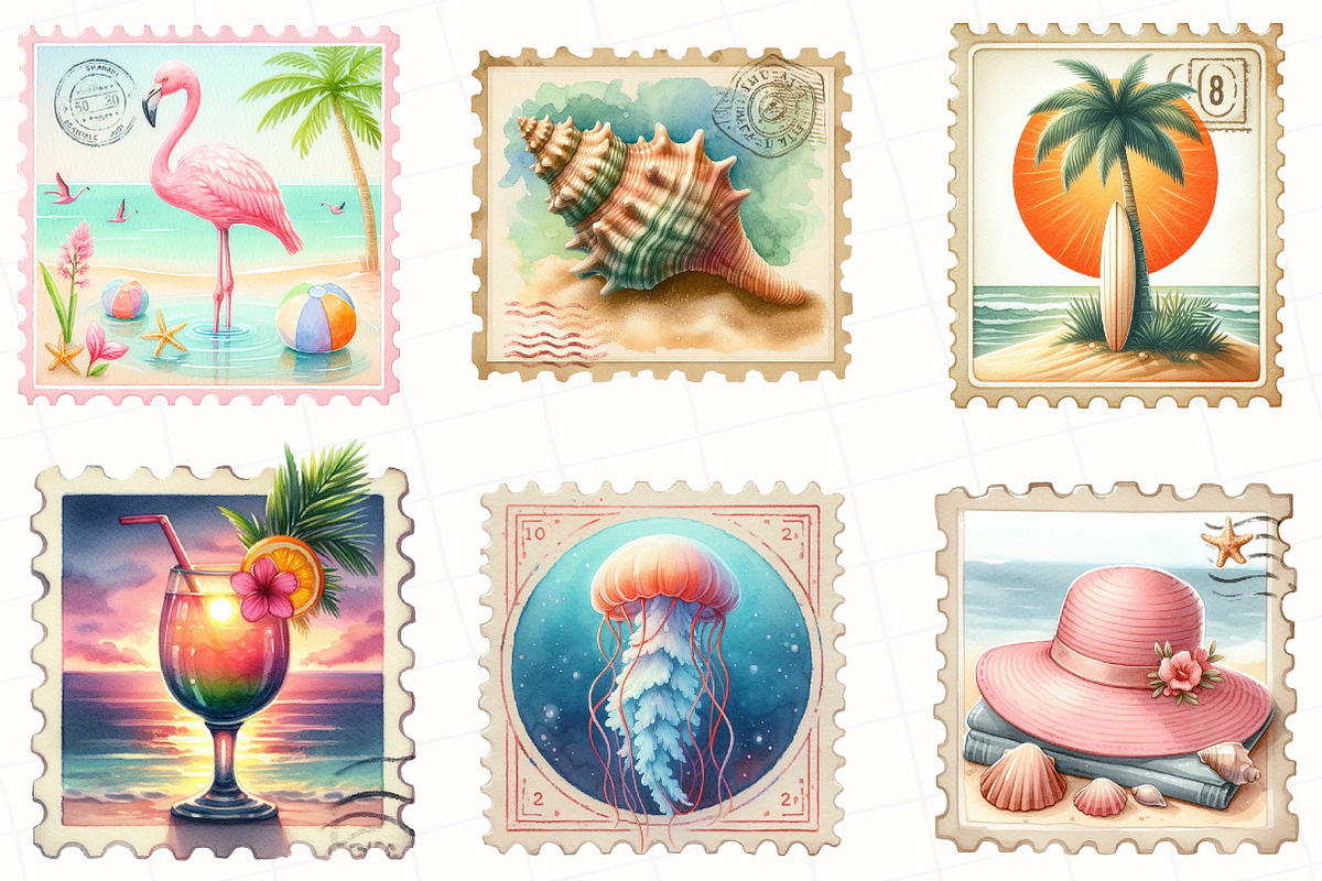 Summer Beach Postage Stamp Clipart, an Illustration by OK Design (Photo 2 of 5)