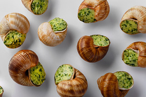 Top view of escargot stuffed with garlic herb butter on a white, a Photo by Ales Munt
