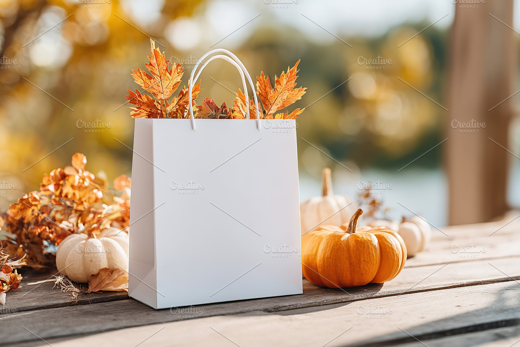 Blank paper shopping bag surrounded by autumn leaves and pumpkins on a wooden t, a Holiday Photo by AlyaAnd