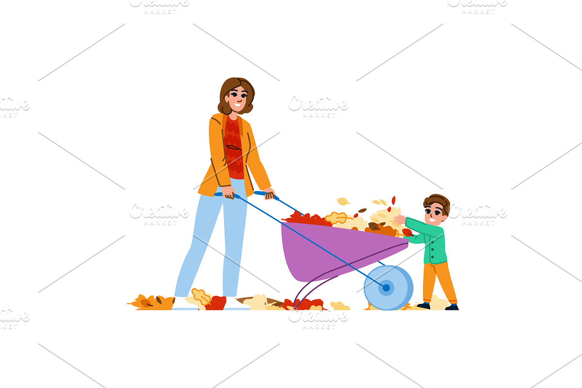 Mother and son carrying autumn, an Illustration by pikepicture