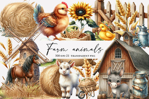 Farm animals watercolor  clipart, an Illustration by Designworld