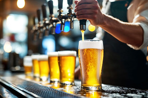 Glass of chilled beer on wooden bar, a Food & Drink Photo by Volff