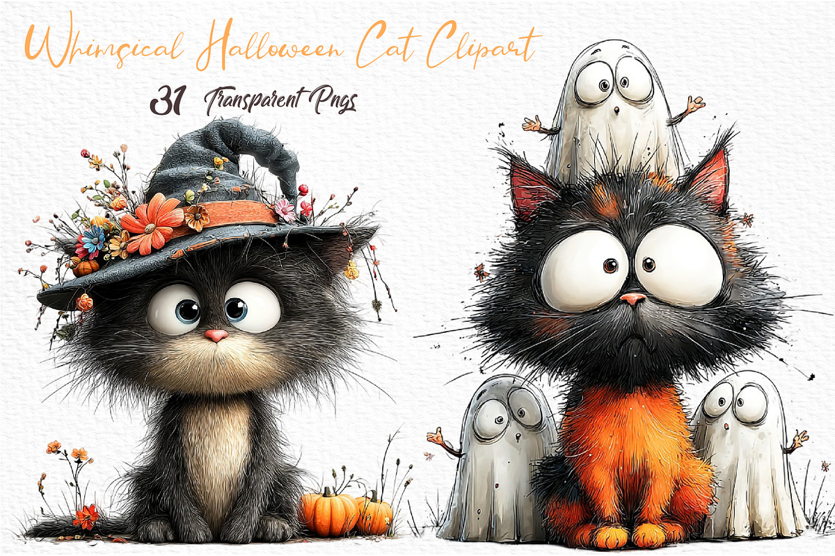 Whimsical Halloween Cat Clipart, an Animal Illustration by Craft Nest (Photo 1 of 6)