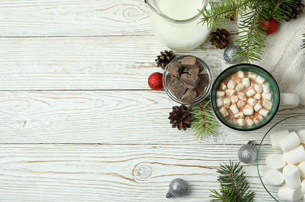 Concept of tasty drink with cocoa on wooden background, a Food & Drink Photo by AtlasStudio PRO