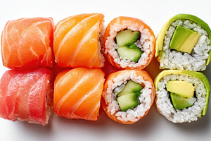 Assorted sushi rolls on white background, a Food & Drink Photo by AlyaAnd