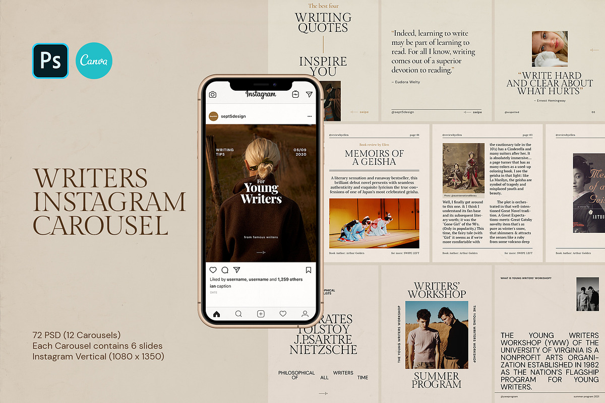 Writers Instagram Carousel Templates, a Social Media Template by September 5th (Photo 1 of 14)