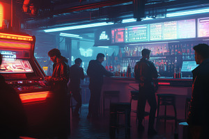 A vibrant, neon-lit bar scene featuring patrons interacting with a retro arcade, an Arts & Entertainment Photo by Textures & Backgrounds