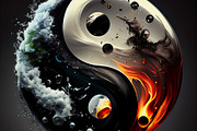 Abstract yin yang symbol with water and fire elements 3D