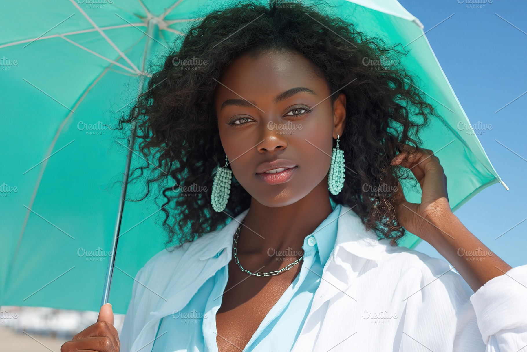 Stunning African woman with curly hair enjoys a sunny day by the beach with an, a Person Photo by AlyaAnd