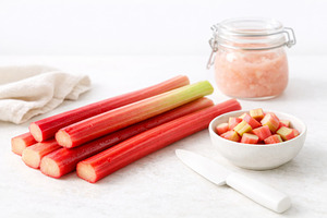 Fresh rhubarb stalks and diced rhuba, a Photo by Dvoevnore photos