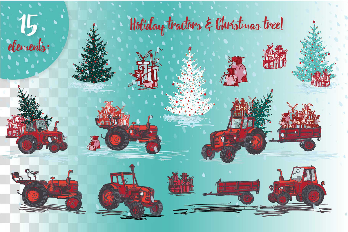 Set of Hand drawn Christmas tractors, a Decorative Illustration by Zimages (Photo 3 of 7)