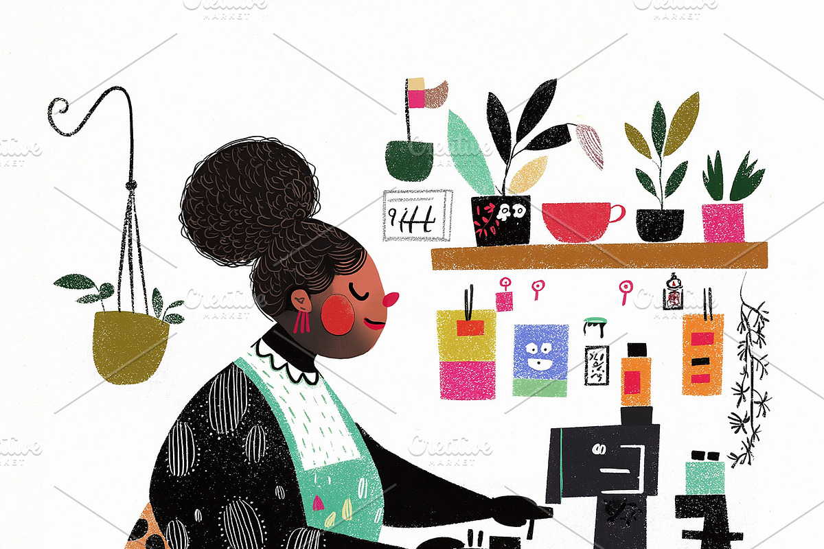 Black woman in an apron in a kitchen, a Person Illustration by Sybillla